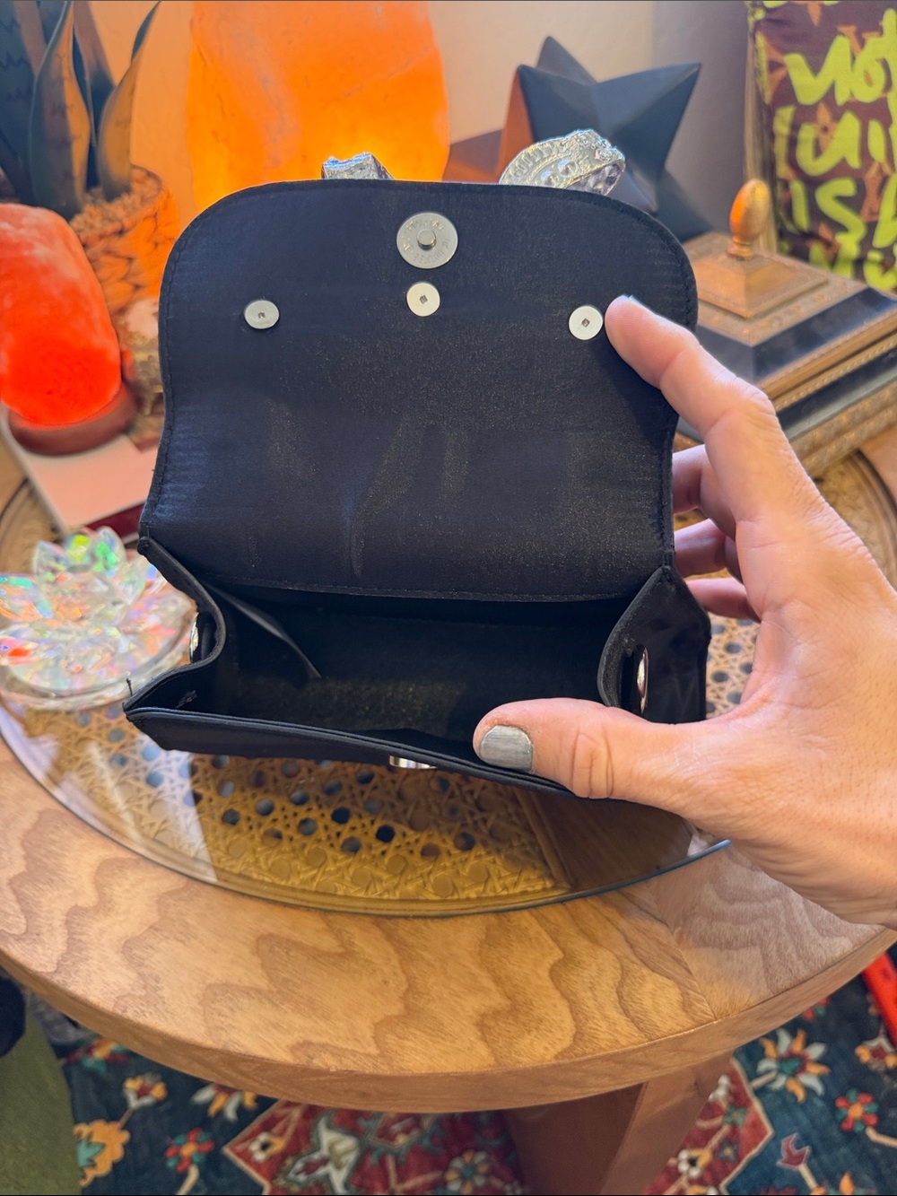 Black Satin Top-Handle Evening Bag with Crystal Bow - Picture 5 of 7
